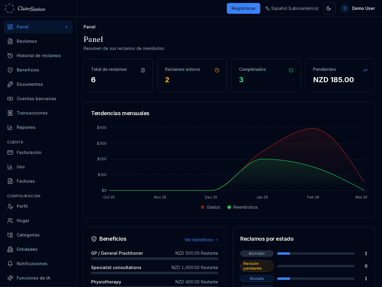 Panel de ClaimStation mostrando resumen de reclamos